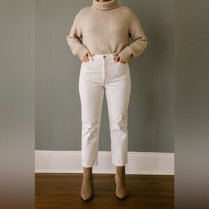 7 For All Mankind High Waist Straight Leg White Jeans Raw Hem 32